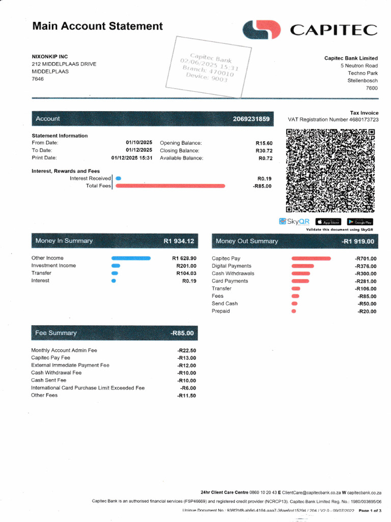 Capitec Bank Account Statement Summary PDF Payments Banks