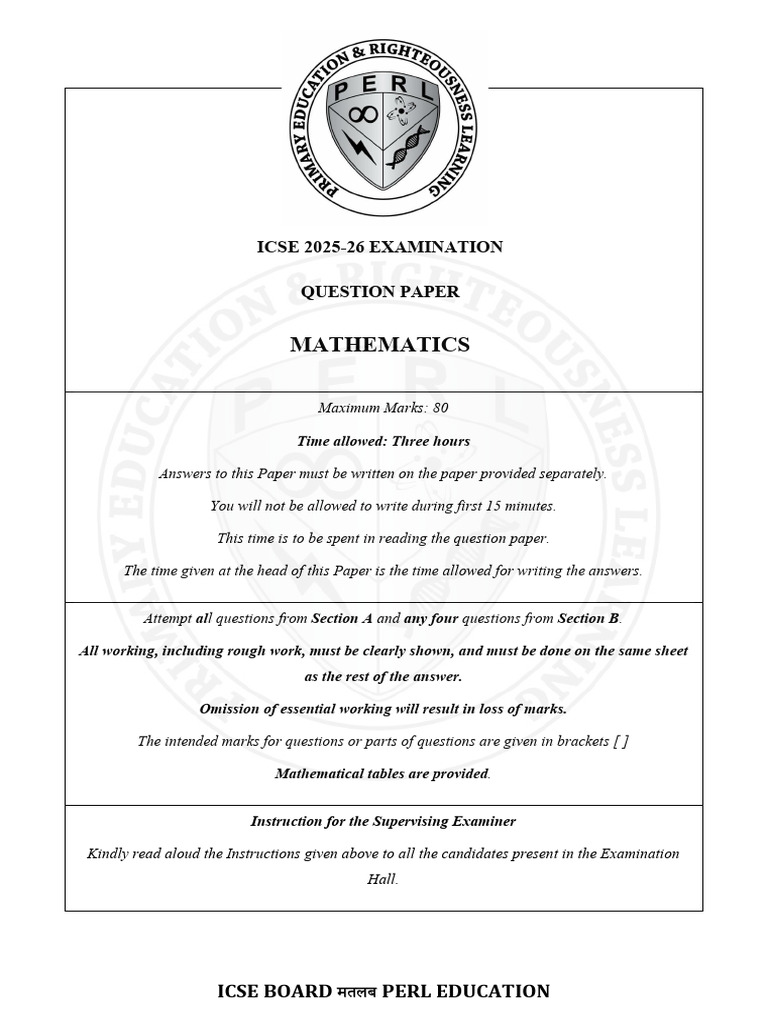 ICSE 2025-26 Mathematics Exam Paper | PDF