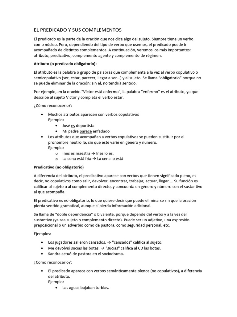 Predicado y sus complementos en español | PDF | Predicado (Gramática ...