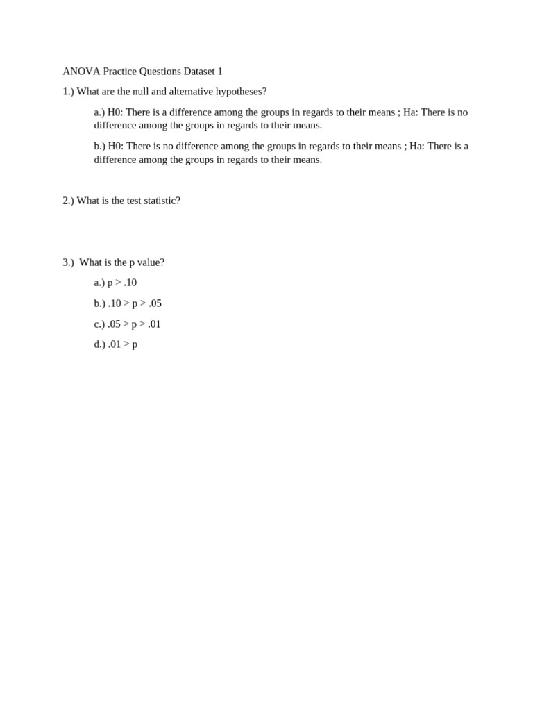 ANOVA Practice Questions and Answers | PDF | P Value | Analysis Of Variance