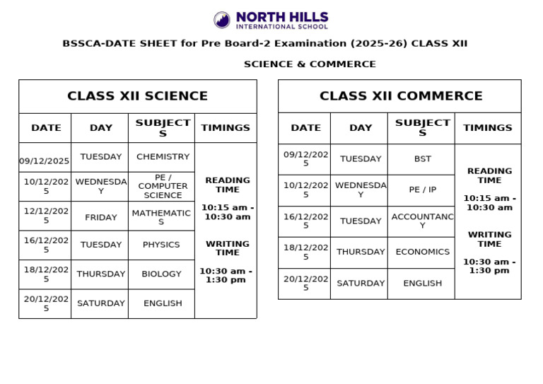 BSSCA Class XII Pre Board-2 Date Sheet | PDF