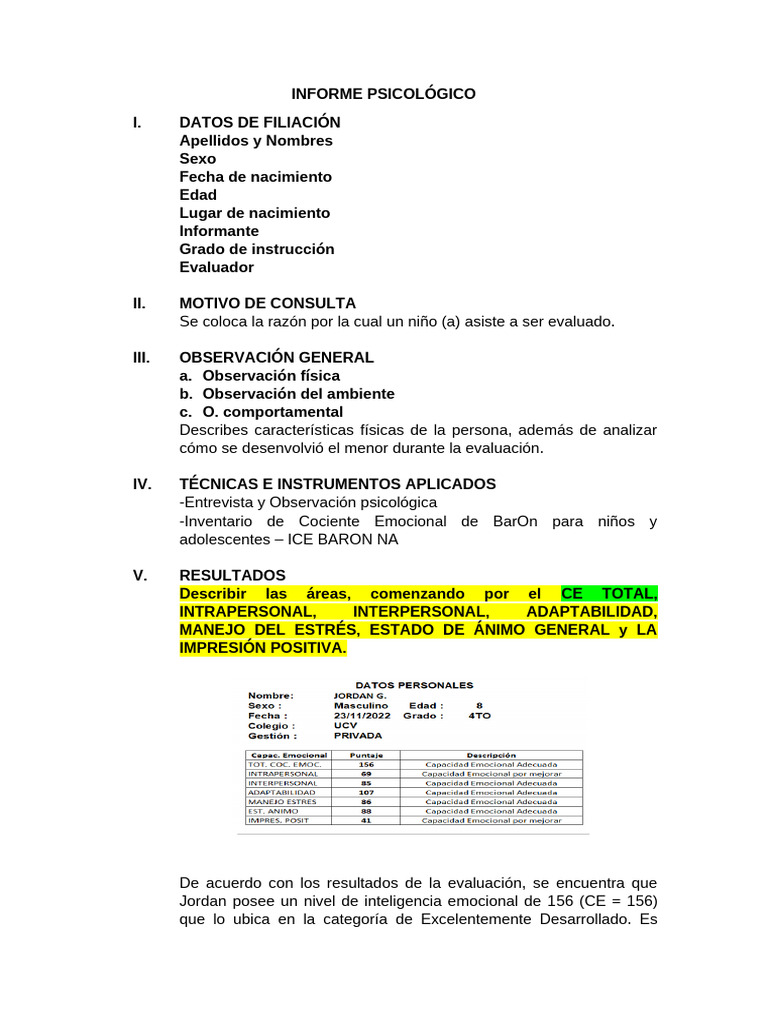 Informe de Evaluación Emocional Infantil | PDF | Las emociones ...
