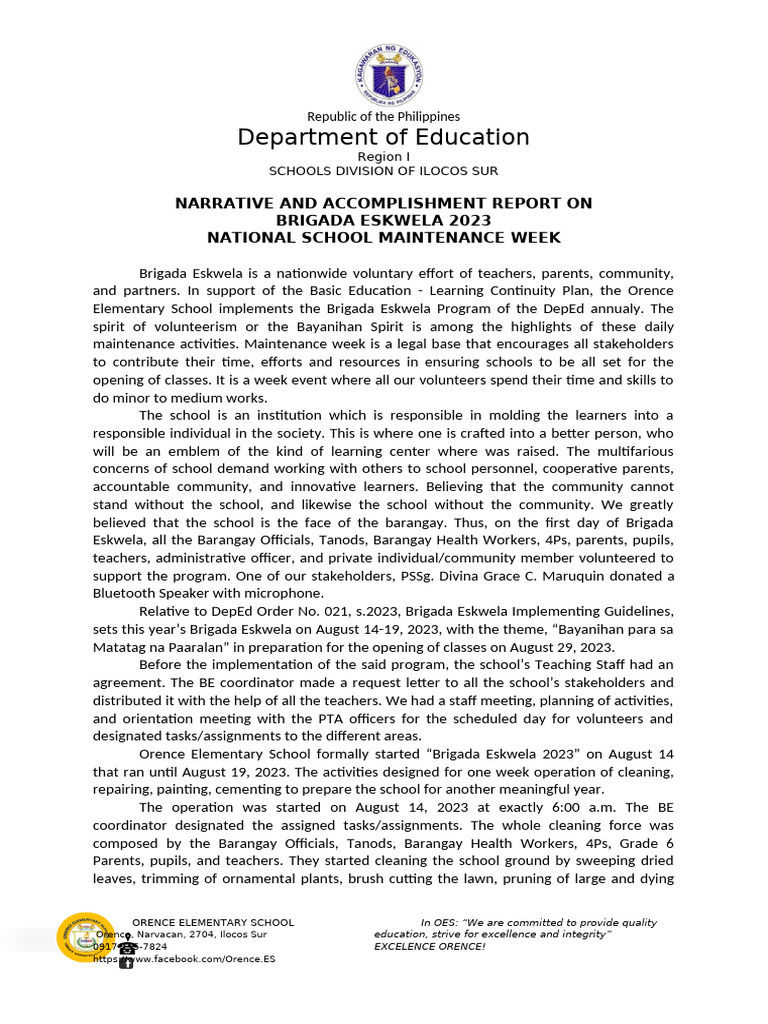Brigada Eskwela 2023 Accomplishments Report | PDF
