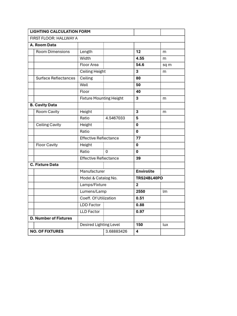 Lighting Calculation Form for Hallways | PDF | Lighting | Components