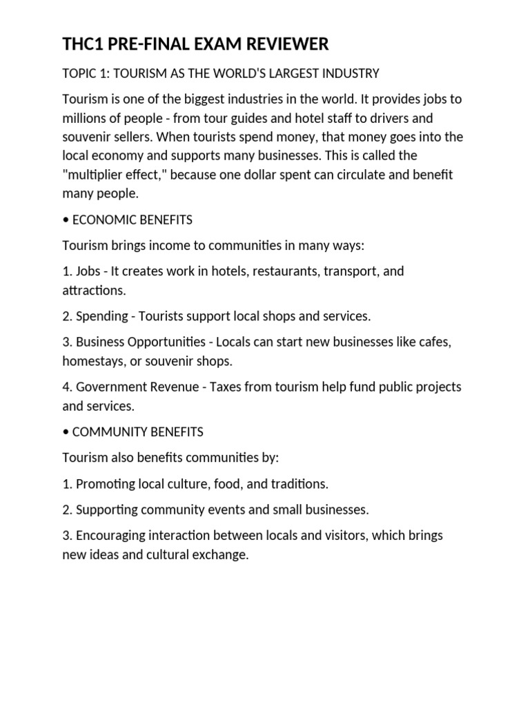 THC1 Exam Review: Tourism Insights | PDF | Tourism | Sustainability