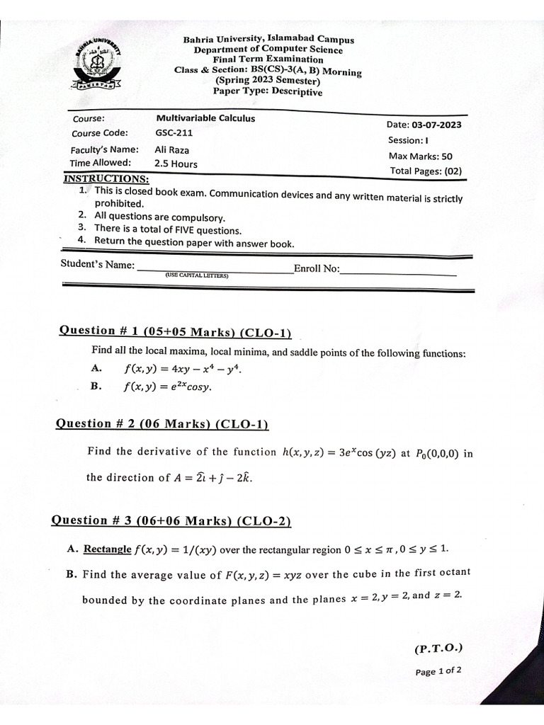 Multi Variable CalculasMVC Final Paper 2023 Ali Raza | PDF
