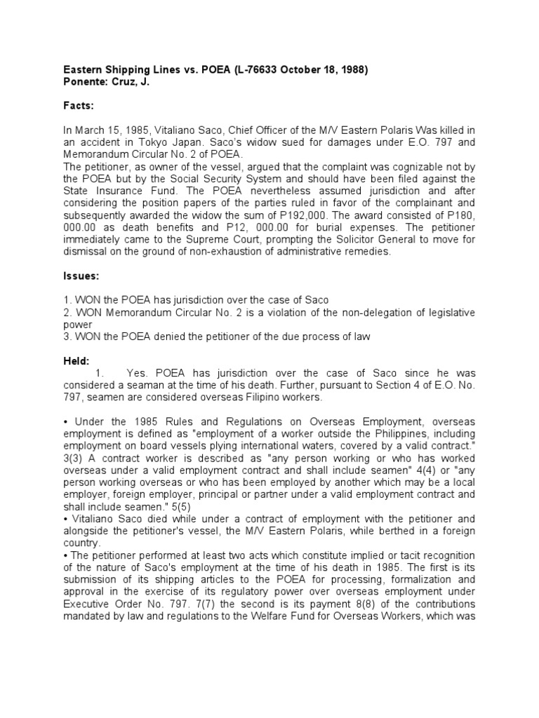 POEA Jurisdiction in Eastern Shipping Case | PDF | Regulation | Employment