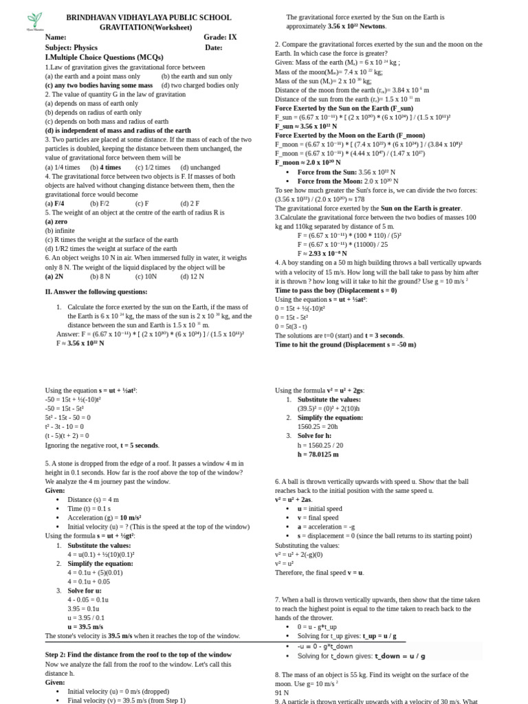 Gravitational Force Worksheet for IX Grade | PDF | Force | Newton's Law ...