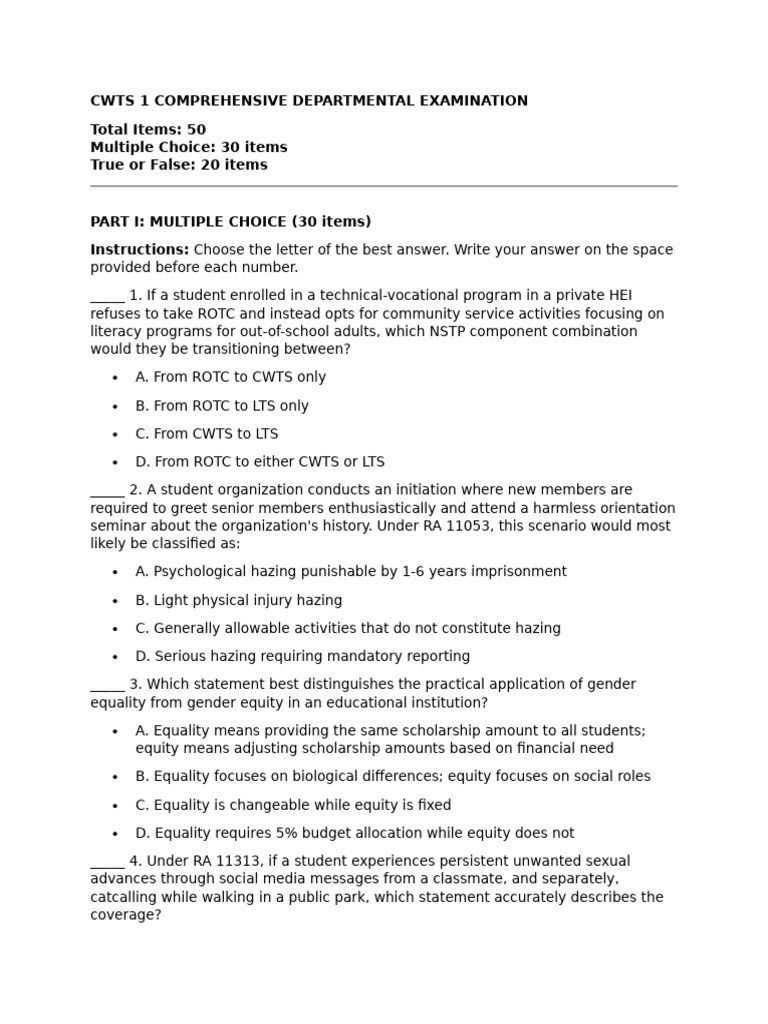 CWTS 1 Departmental Exam Guide | PDF | Leadership | Sexual Harassment