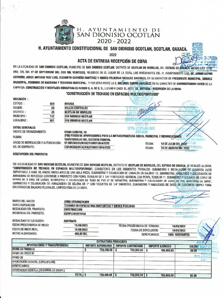 Acta de Entrega Techado Sdo1 | PDF