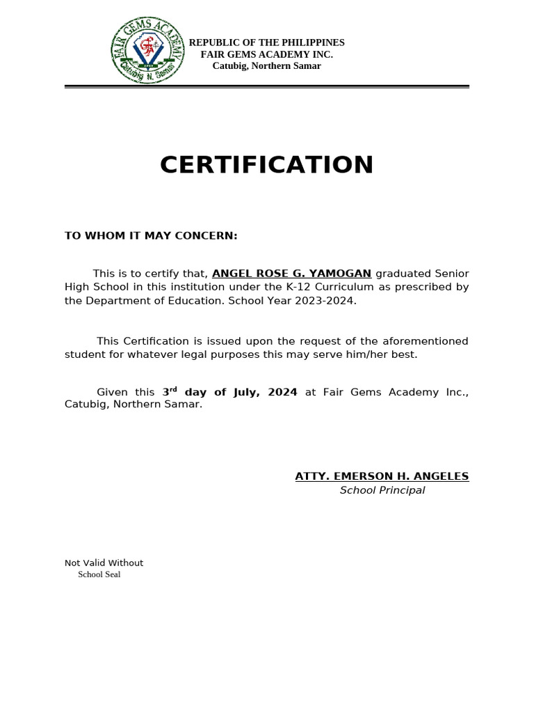 Certification of High School Graduation | PDF