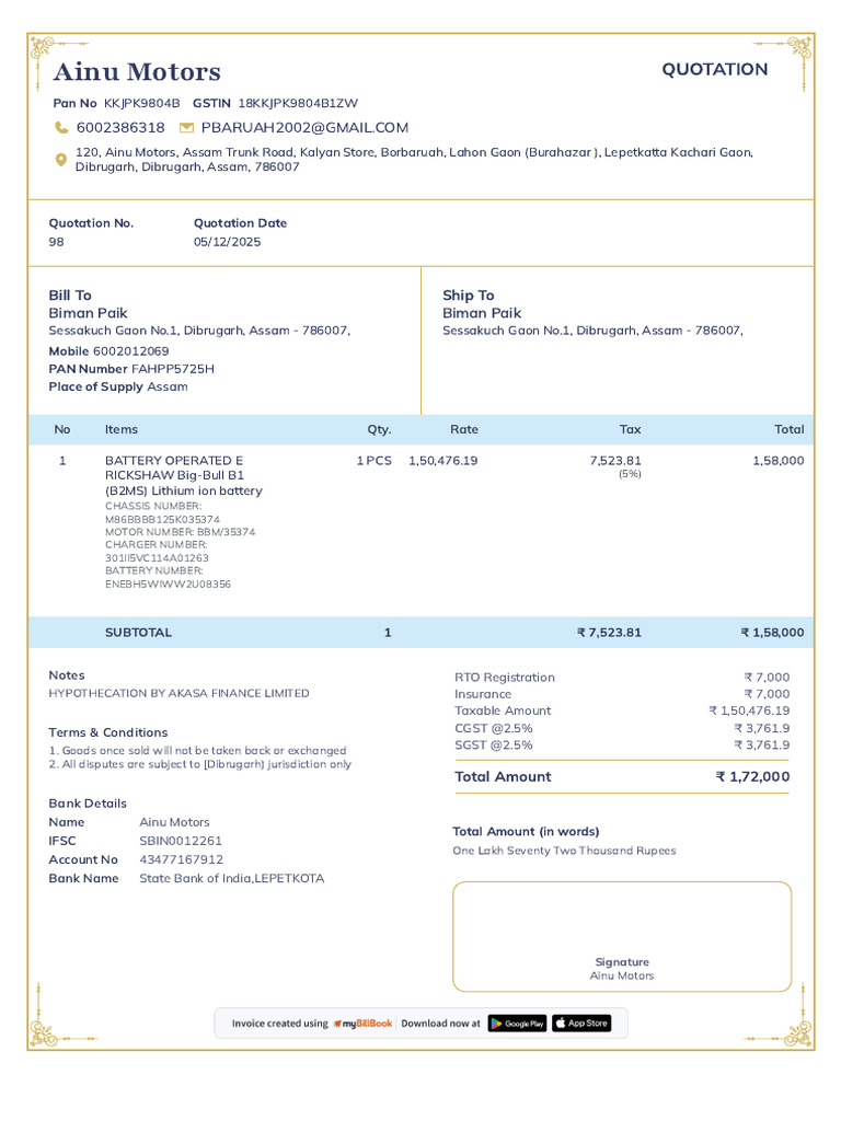 Ainu Motors Quotation for E-Rickshaw | PDF | Payments