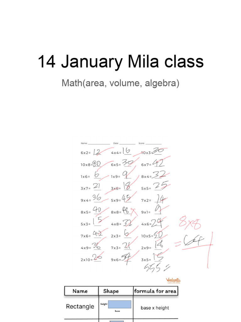 Mila Class: Math Recap on Volume & Algebra | PDF