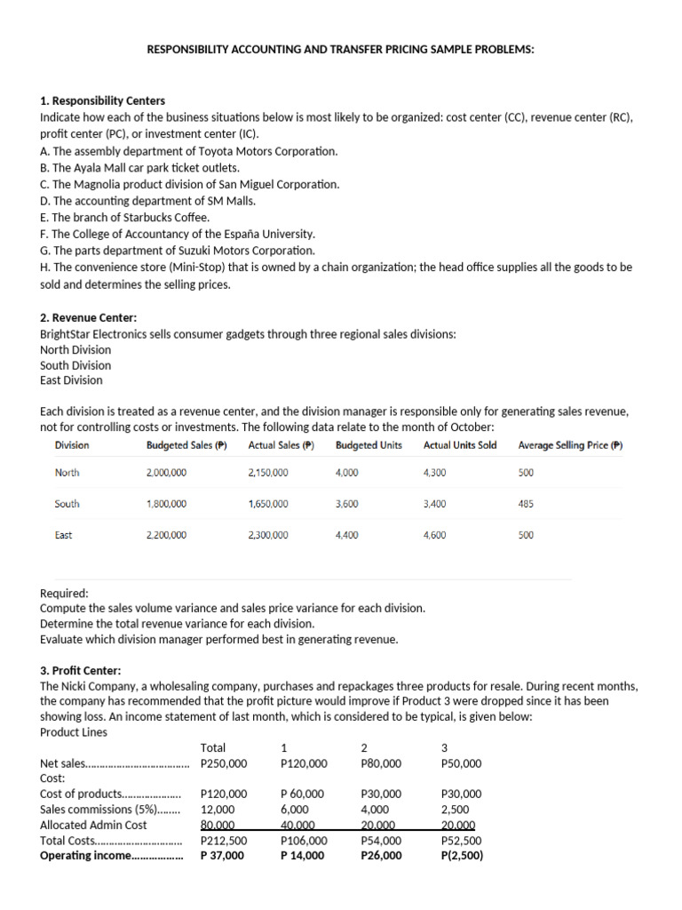 Responsibility Accounting and Transfer Pricing Sample Problems 101822 ...