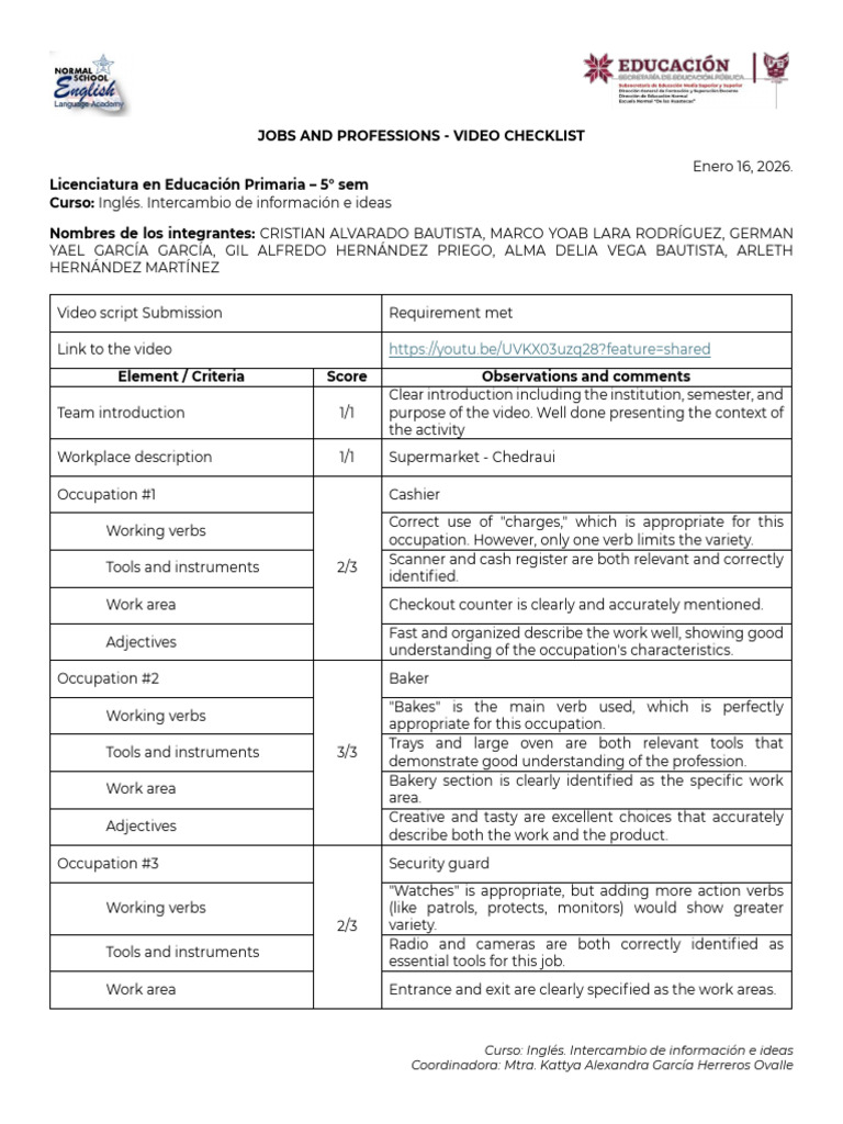 English Course: Job Video Checklist | PDF | Grammar | Human Communication