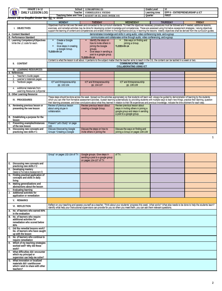 Grade VI Daily Lesson Log: ICT & Entrepreneurship | PDF