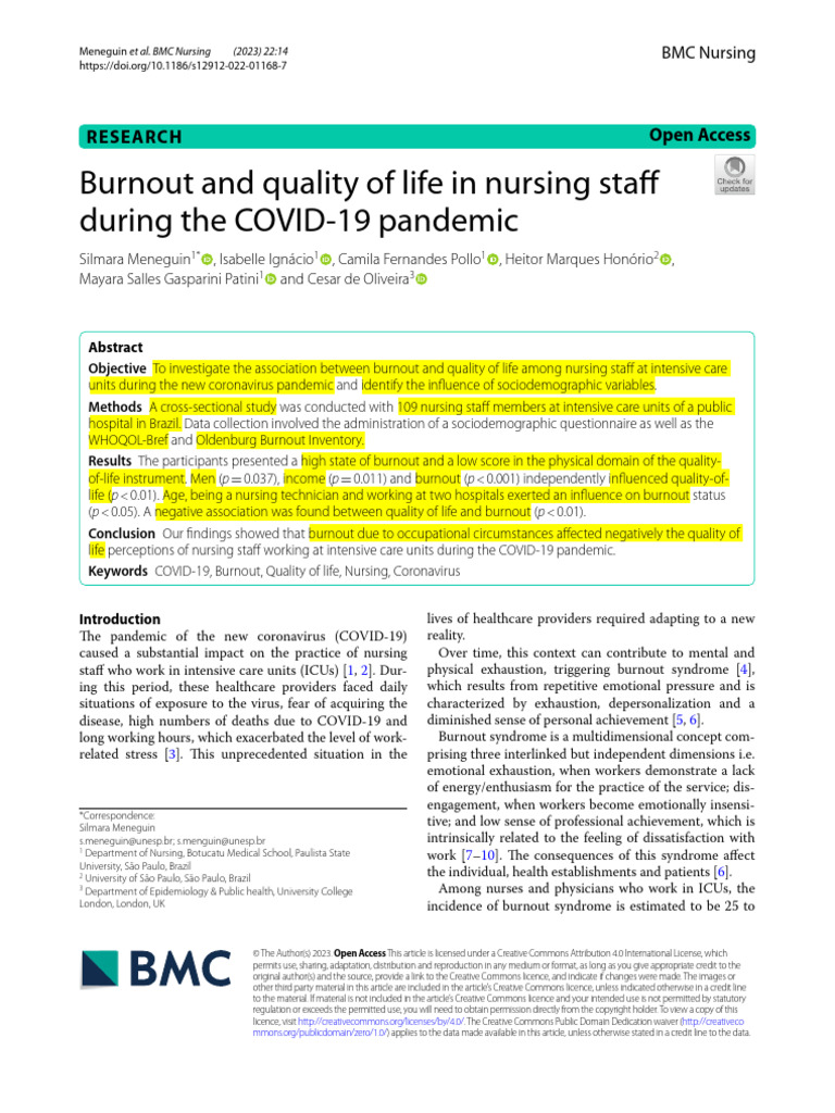 Burnout and Quality of Life in Nursing Staff During the COVID‑19 ...