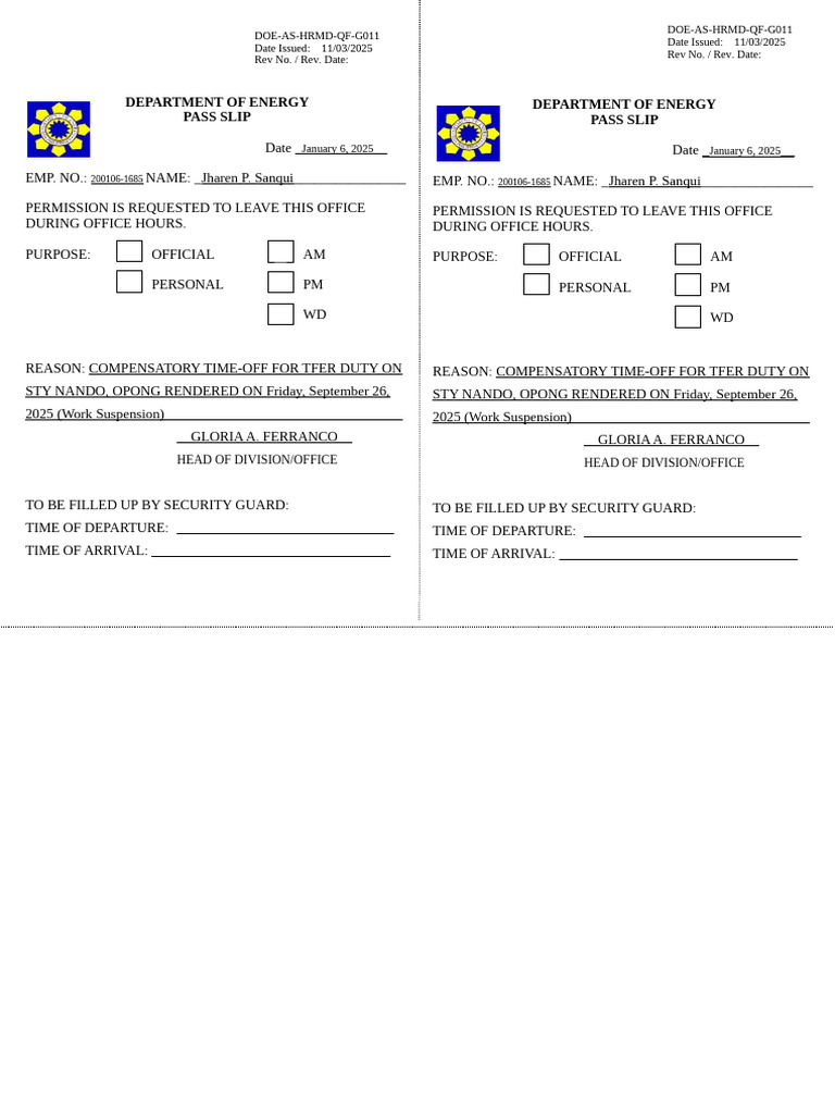 DOE Compensatory Time-Off Pass Slip | PDF