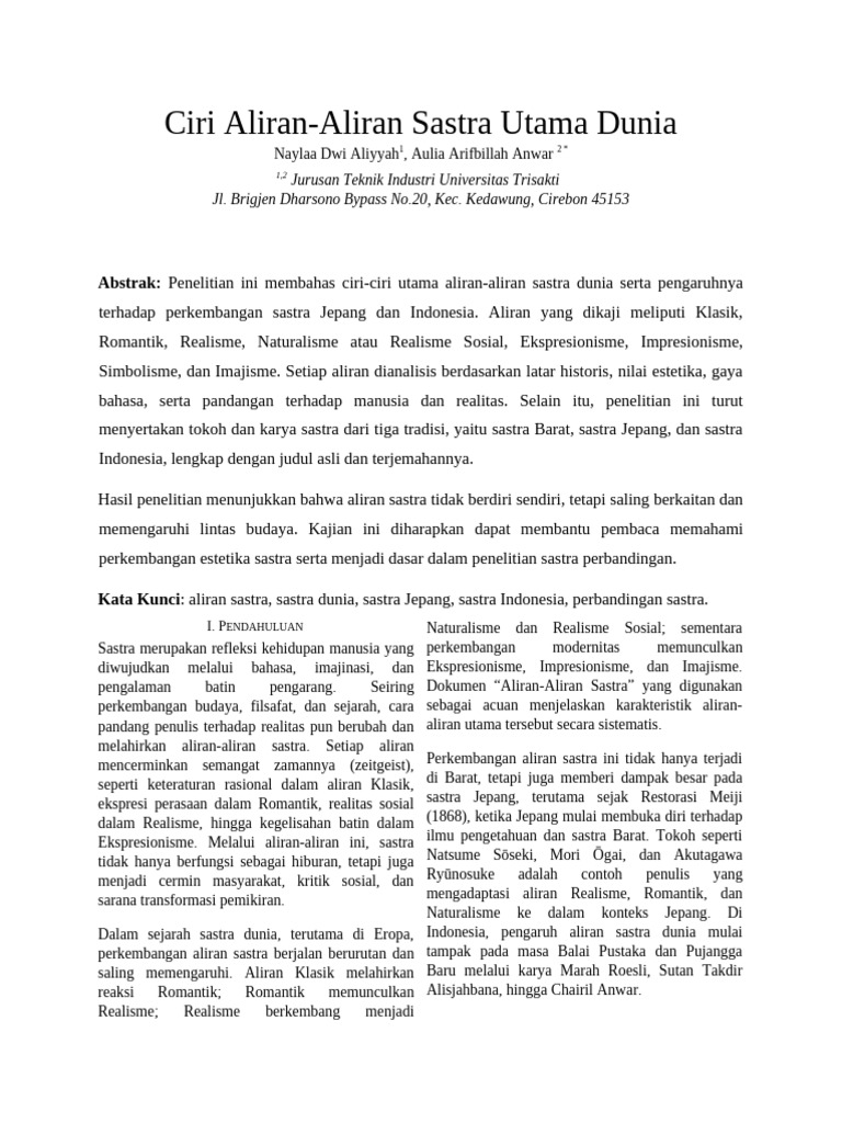 Ciri Aliran Sastra Dunia dan Pengar…
