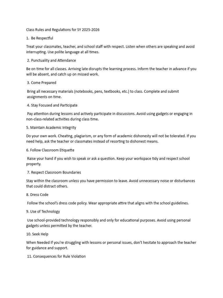 Class Rules for SY 2025-2026 | PDF