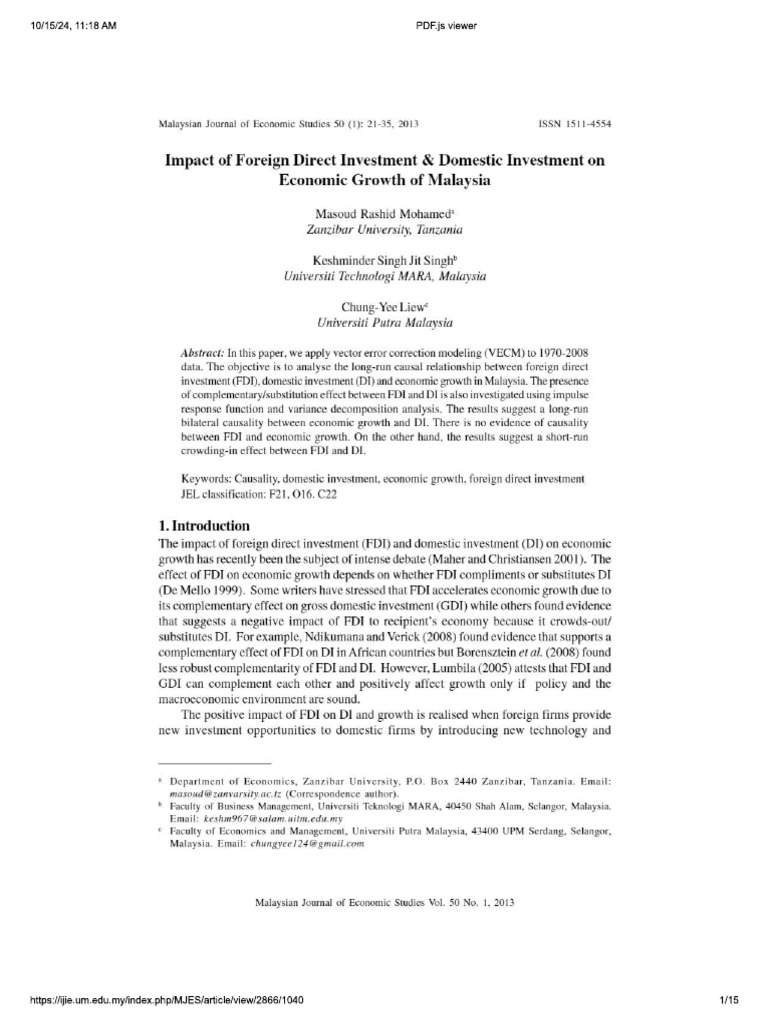 Impact of Fdi and Domestic Investment on Economic Growth of Malaysia | PDF