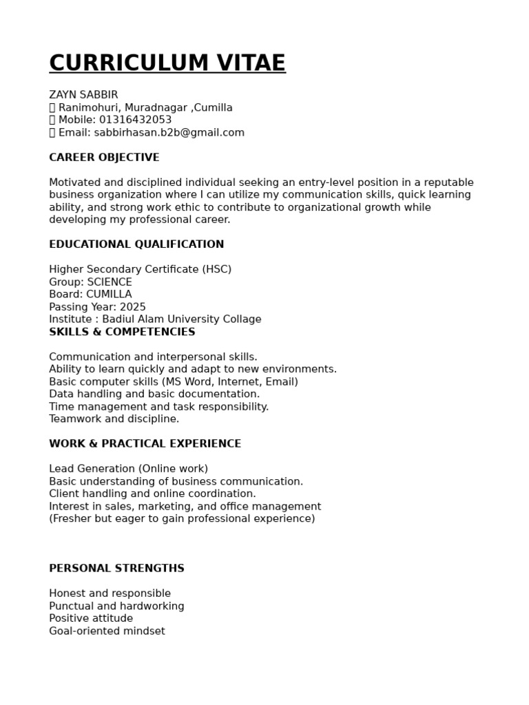 Zayn Sabbir's Entry-Level CV | PDF