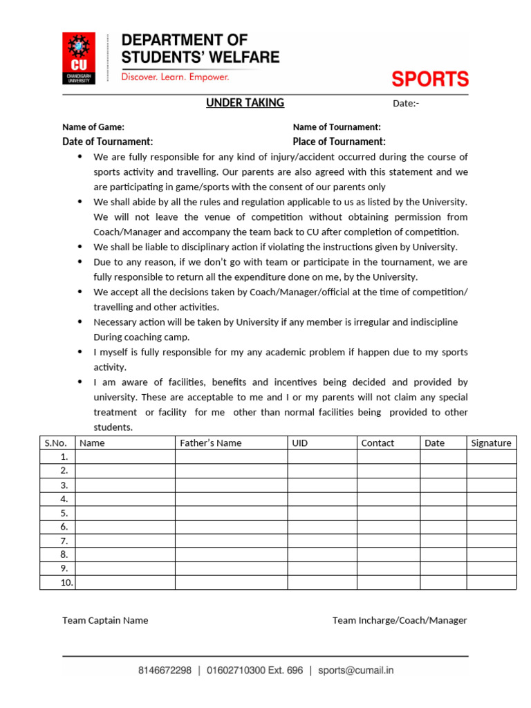 Sports Participation Undertaking Form | PDF