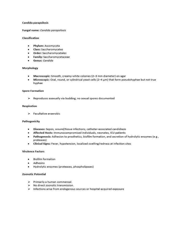Candida parapsilosis Overview and Pathogenicity | PDF | Infection | Fungus