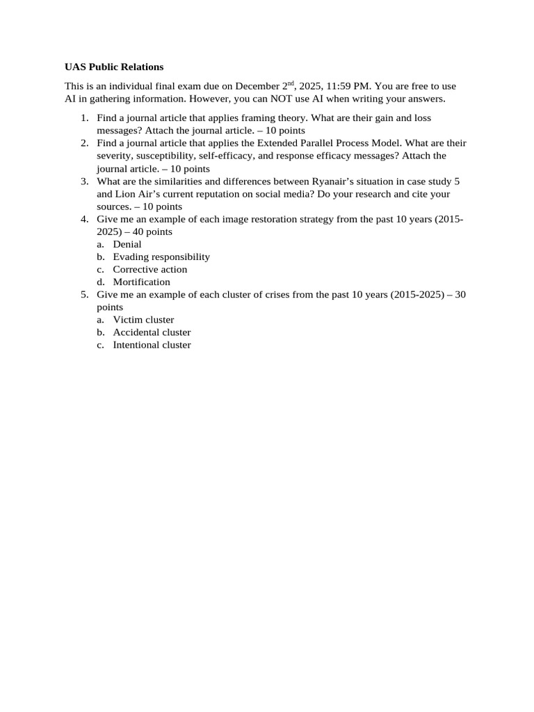 UAS Public Relations Final Exam Guide | PDF