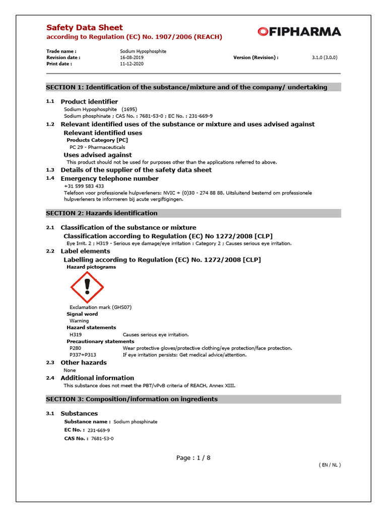 Sodium Hypophosphite Safety Data Sheet | PDF | Toxicity | Pascal (Unit)
