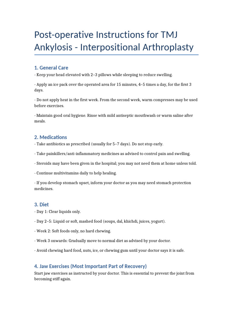 TMJ Ankylosis Post-Op Care Guide | PDF | Oral Hygiene | Medical Specialties