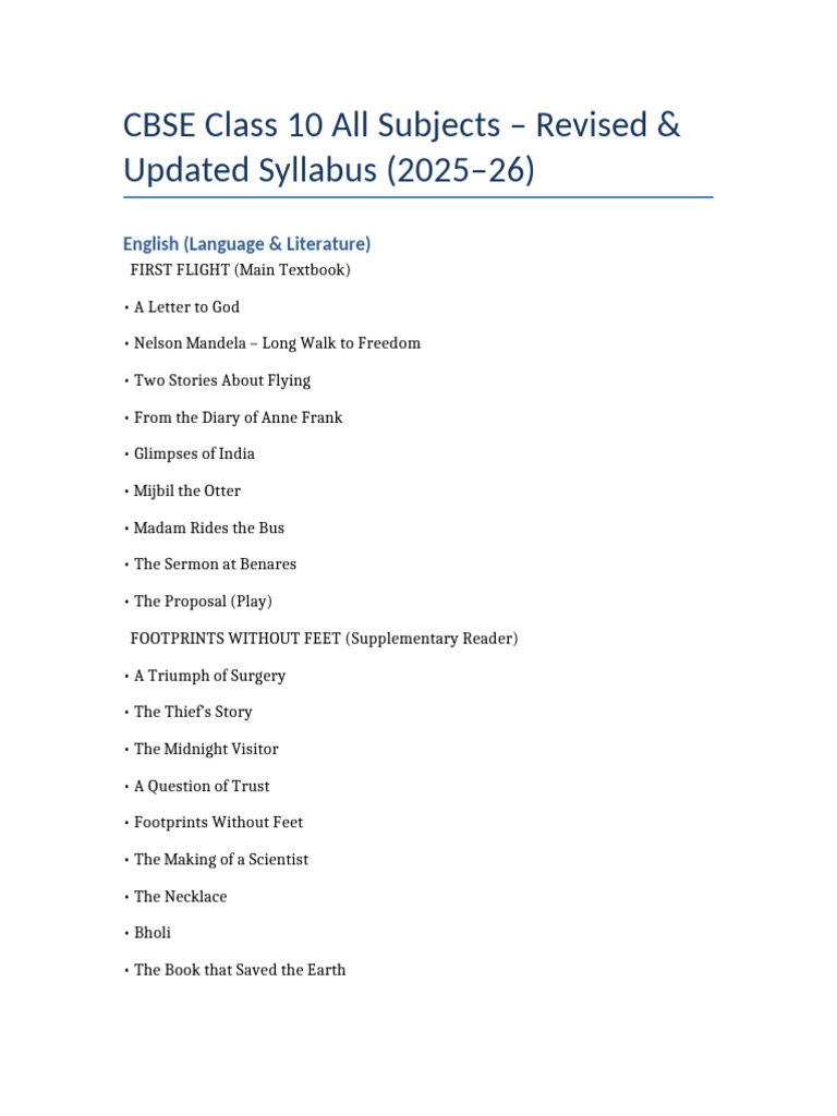 CBSE Class 10 Revised Syllabus 2025-26 | PDF