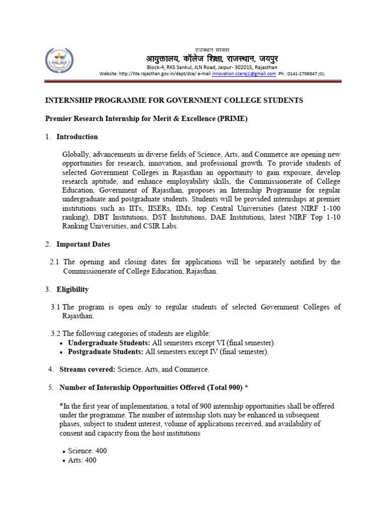 Rajasthan Government College Internship Program | PDF