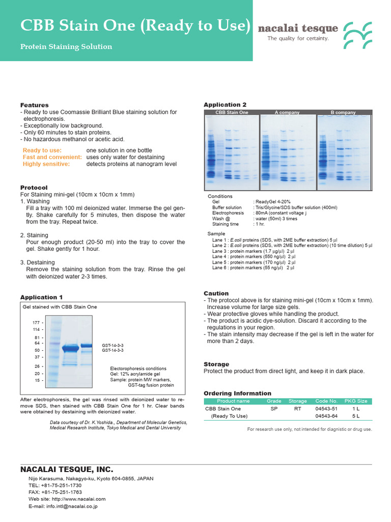 CBB Stain One (Ready-to-Use) | PDF | Gel Electrophoresis | Biotechnology