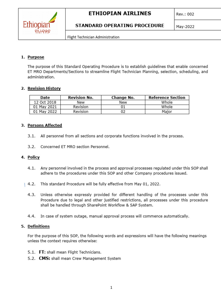 Ethiopian Airlines Flight Technician SOP | PDF | Verification And ...