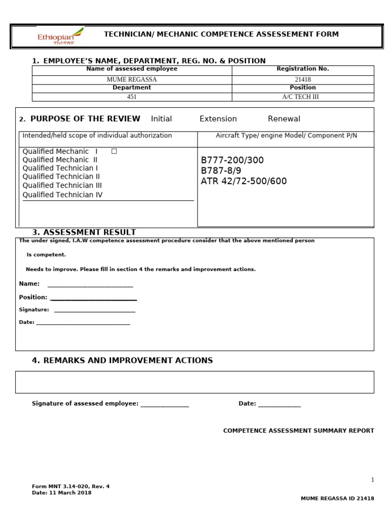Technician Competence Assessment Form | PDF | Aviation