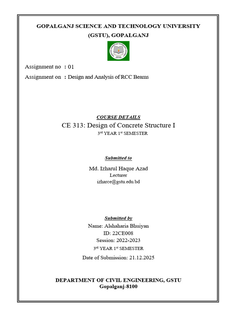 RCC Beam Design Assignment - GSTU | PDF