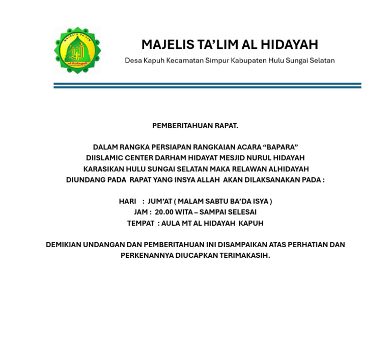 Rapat Persiapan Acara BAPARA Al Hidayah | PDF