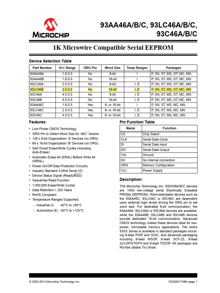 Microchip 93XX46 EEPROM Specifications | PDF | Computer Architecture ...