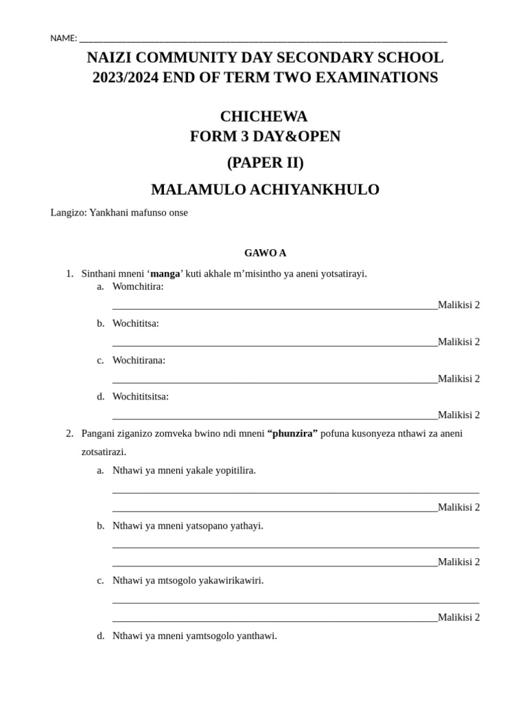 Chichewa Form 3 Exam Paper II | PDF | Tribe