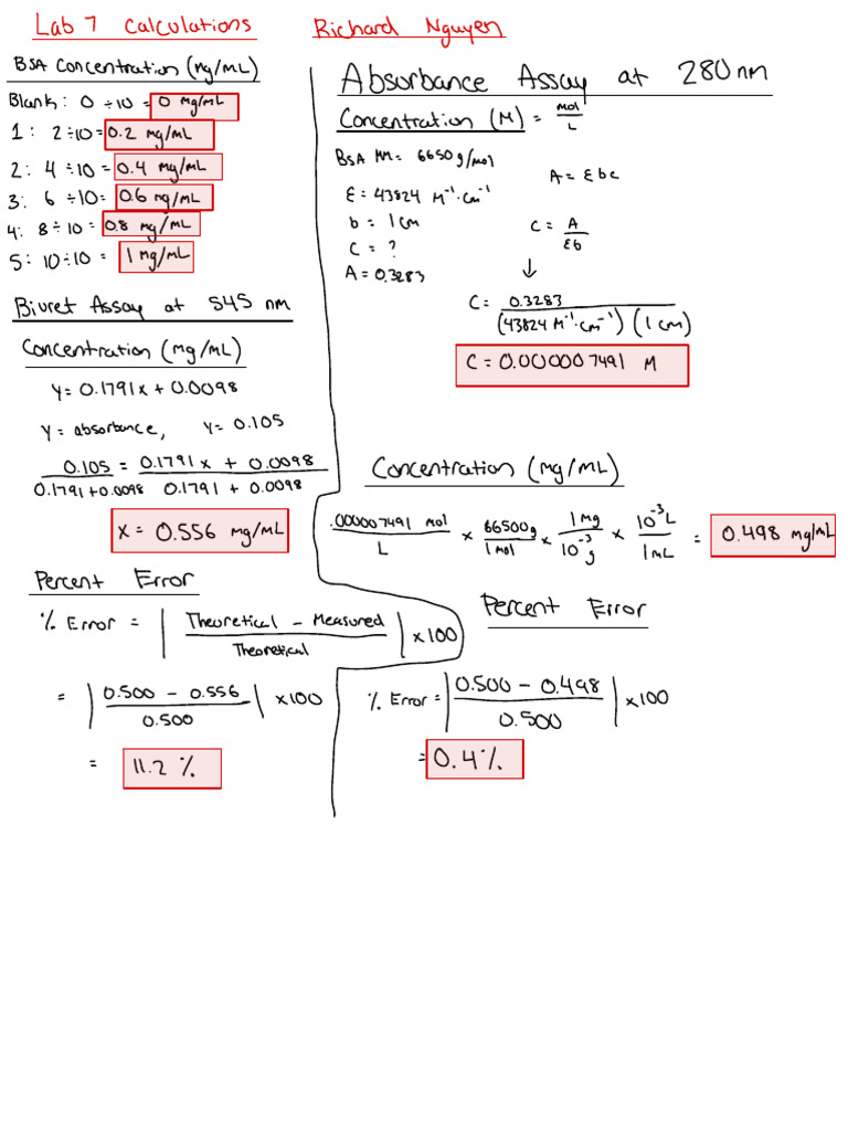 BSA Concentration Calculations and Assays | PDF | Analytical Chemistry ...