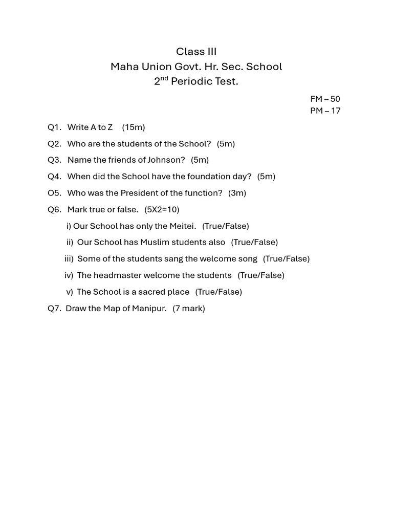 Class III Periodic Test Questions | PDF