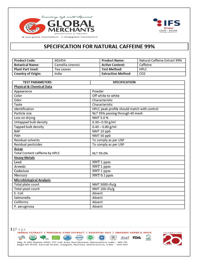 602454 - Specification - Natural Caffeine Extract 99% (CO2 Extract ...