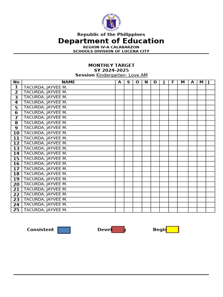 Kindergarten Monthly Targets 2024-2025 | PDF