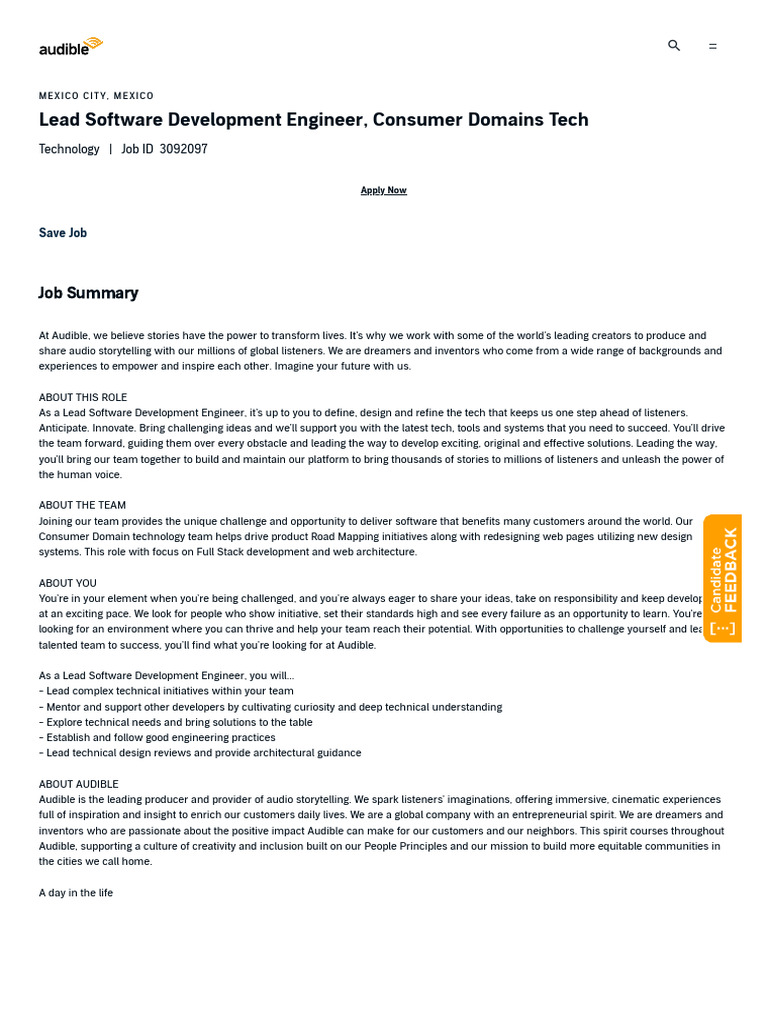 Lead Software Engineer Position at Audible | PDF | Software | Recruitment