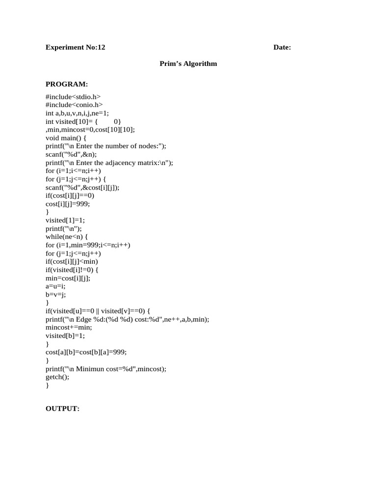Prim's Algorithm C Program Example | PDF