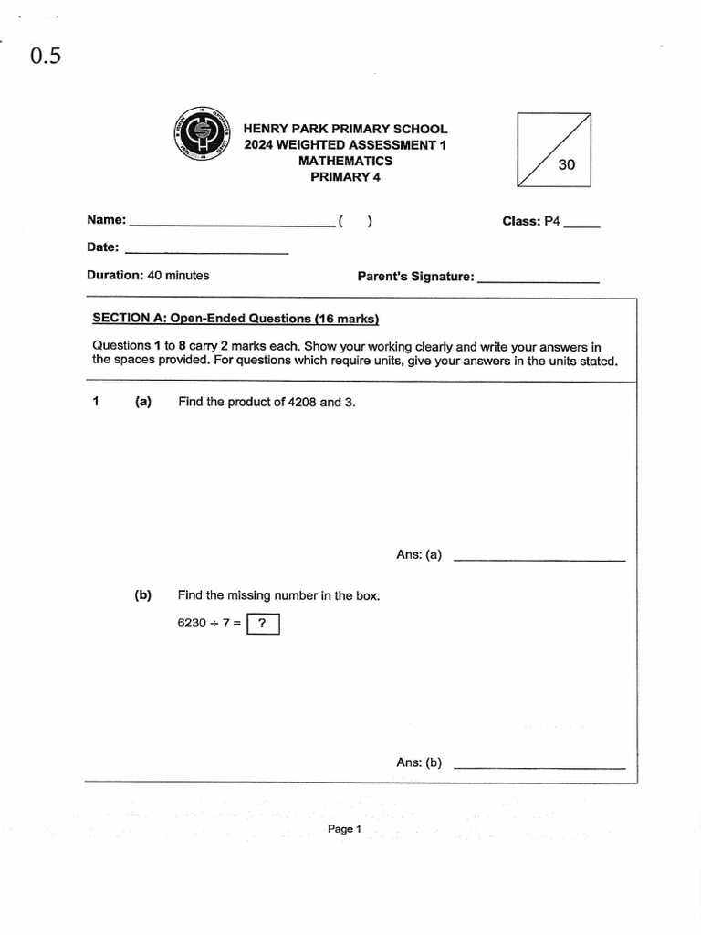 Primary 4 Mathematics Assessment 2024 | PDF