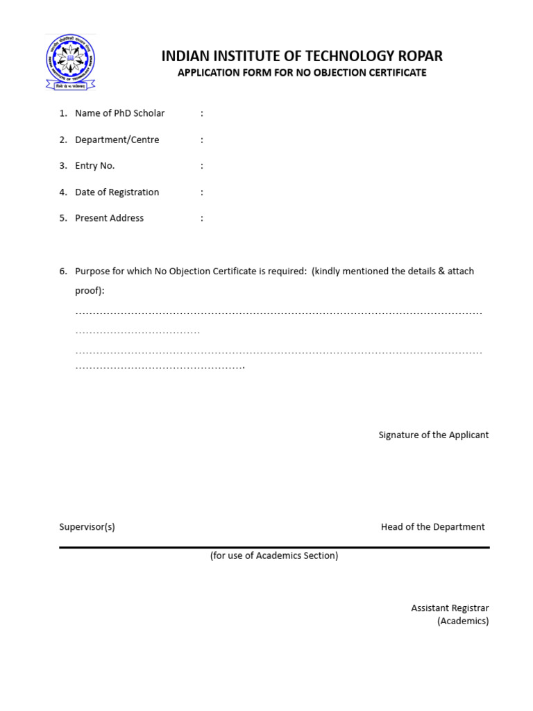 IIT Ropar No Objection Certificate Form | PDF