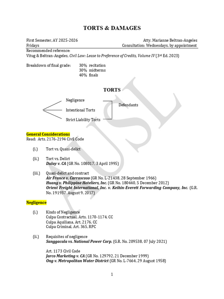 Torts and Damages Course Overview | PDF | Tort | Negligence