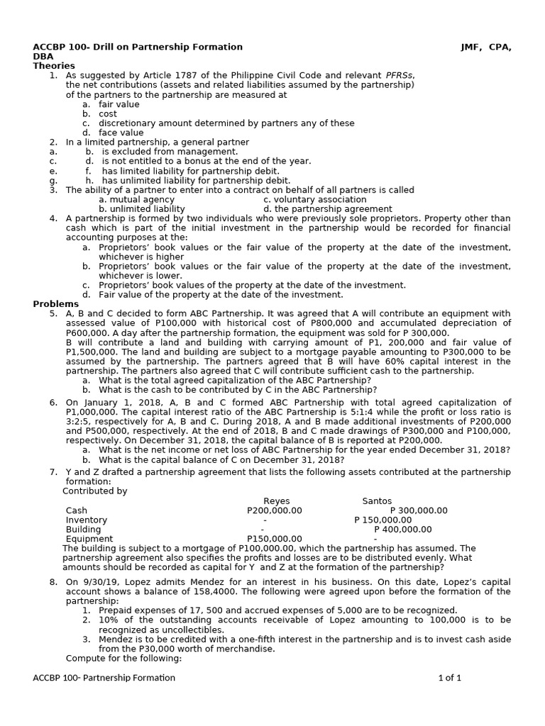 Partnership Formation Drill Guide | PDF | Book Value | Partnership